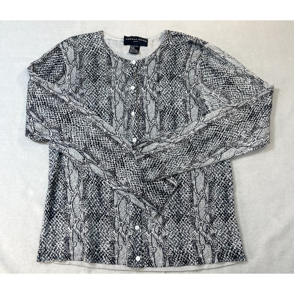 August Silk Shirt‎ Top Womens  Size M Alligator Silver Blouse Button up